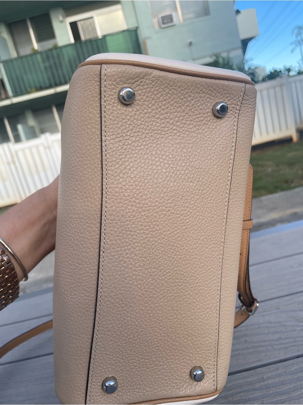 COACH Medium Tan and Cream Pebbled Leather Rowen with Detachable Strap - Picture 4 of 10